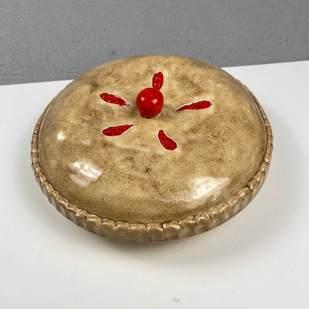 VTG Ceramic Cherry Pie Keeper Dish 10.5in Brown Red Cover Kitchen Baked Goods